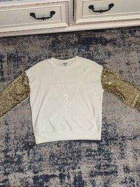 Guess Cream Pullover with Gold Sequin Sleeves